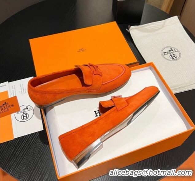 Unique Discount Hermes Paris Loafers in Suede Orange 1215041