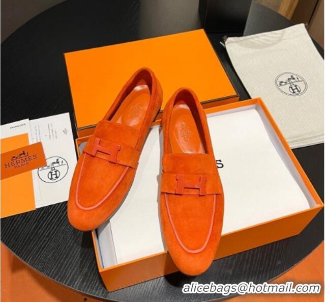 Unique Discount Hermes Paris Loafers in Suede Orange 1215041