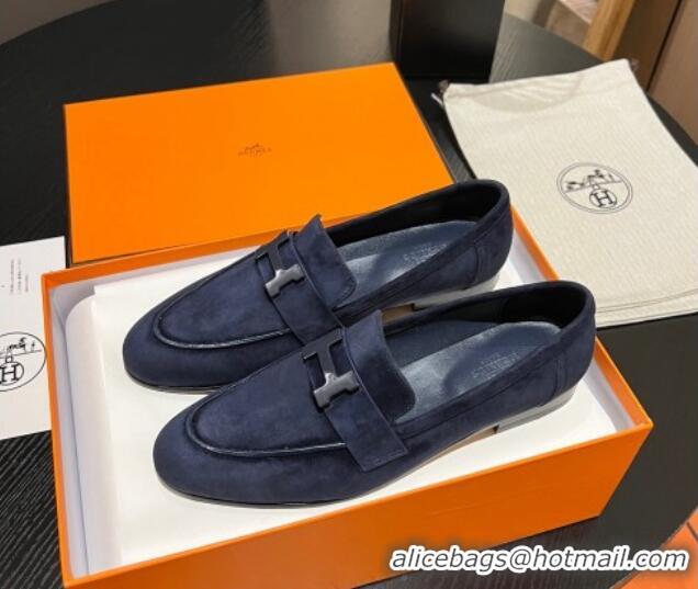 Sophisticated Hermes Paris Loafers in Suede Dark Blue 215043