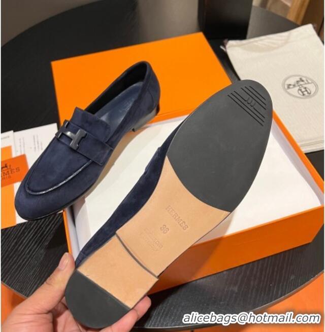 Sophisticated Hermes Paris Loafers in Suede Dark Blue 215043