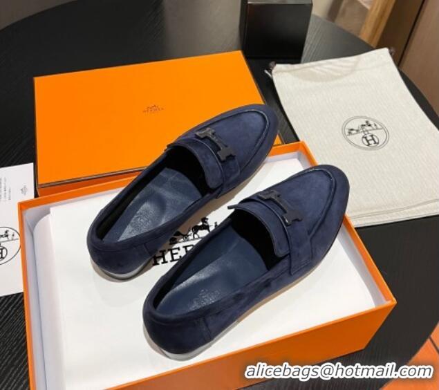 Sophisticated Hermes Paris Loafers in Suede Dark Blue 215043