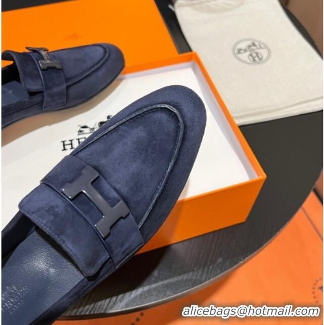 Sophisticated Hermes Paris Loafers in Suede Dark Blue 215043