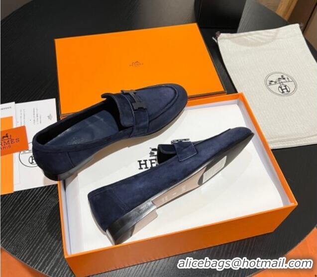 Sophisticated Hermes Paris Loafers in Suede Dark Blue 215043