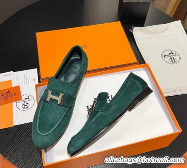 Duplicate Hermes Paris Loafers in Suede Dark Green 215044
