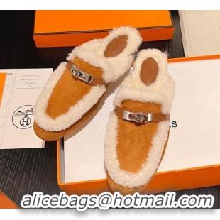 Charming Hermes Oz Flat Mules in Suede and Shearling with Kelly Buckle Yellow 1215046