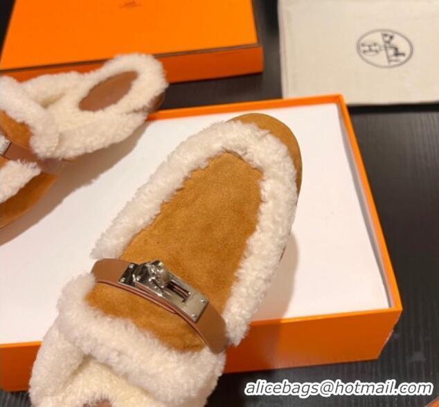 Charming Hermes Oz Flat Mules in Suede and Shearling with Kelly Buckle Yellow 1215046