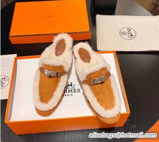 Charming Hermes Oz Flat Mules in Suede and Shearling with Kelly Buckle Yellow 1215046