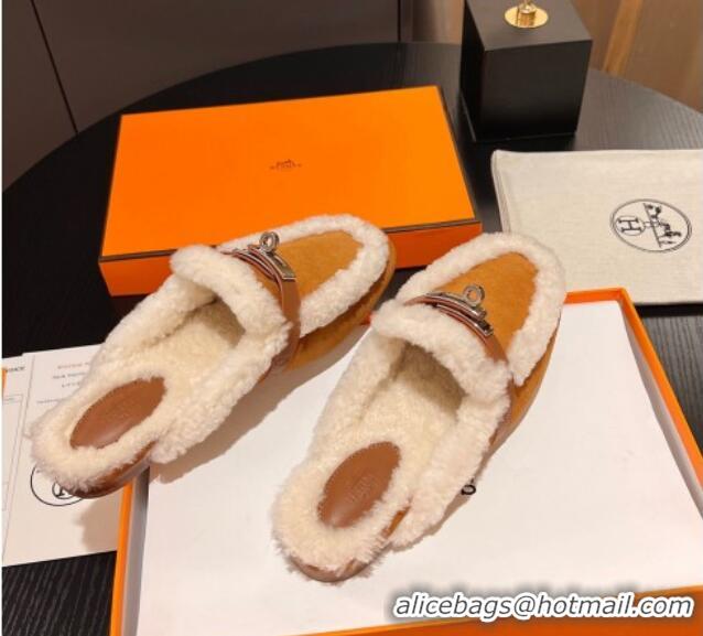 Charming Hermes Oz Flat Mules in Suede and Shearling with Kelly Buckle Yellow 1215046