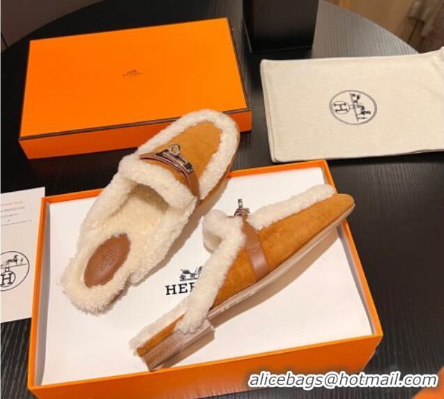 Charming Hermes Oz Flat Mules in Suede and Shearling with Kelly Buckle Yellow 1215046