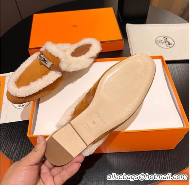 Charming Hermes Oz Flat Mules in Suede and Shearling with Kelly Buckle Yellow 1215046