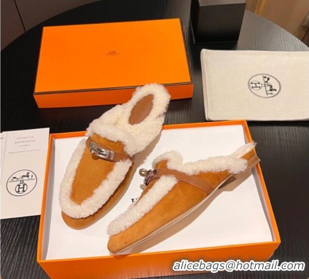 Charming Hermes Oz Flat Mules in Suede and Shearling with Kelly Buckle Yellow 1215046