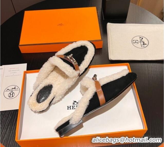 Good Product Hermes Oz Flat Mules in Suede and Shearling with Kelly Buckle Black 1215047