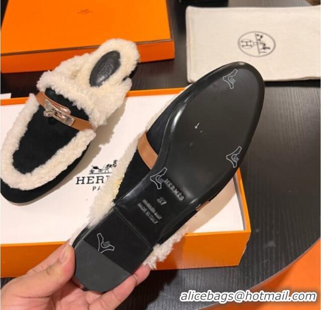 Good Product Hermes Oz Flat Mules in Suede and Shearling with Kelly Buckle Black 1215047