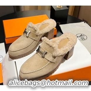 Trendy Design Hermes Flore Heel Mules 7.5cm in Suede and Shearling Beige 215048