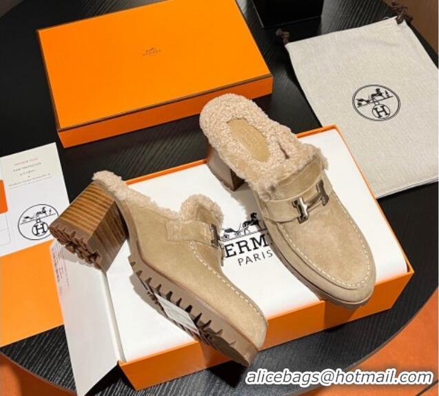 Trendy Design Hermes Flore Heel Mules 7.5cm in Suede and Shearling Beige 215048