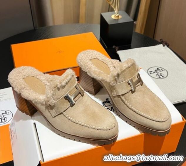 Trendy Design Hermes Flore Heel Mules 7.5cm in Suede and Shearling Beige 215048