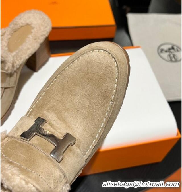 Trendy Design Hermes Flore Heel Mules 7.5cm in Suede and Shearling Beige 215048