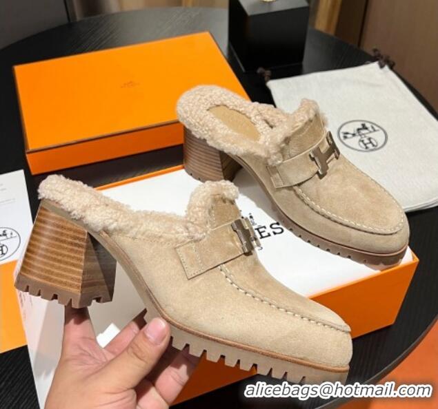 Trendy Design Hermes Flore Heel Mules 7.5cm in Suede and Shearling Beige 215048