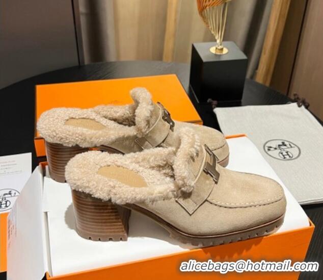 Trendy Design Hermes Flore Heel Mules 7.5cm in Suede and Shearling Beige 215048