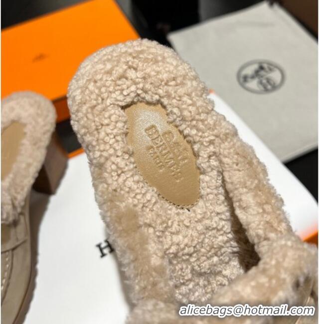 Trendy Design Hermes Flore Heel Mules 7.5cm in Suede and Shearling Beige 215048