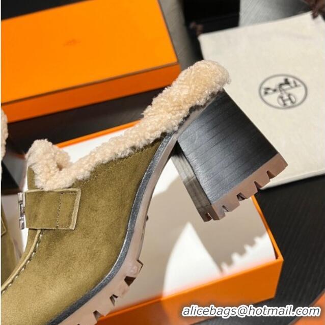 Stylish Hermes Flore Heel Mules 7.5cm in Suede and Shearling Green 1215049