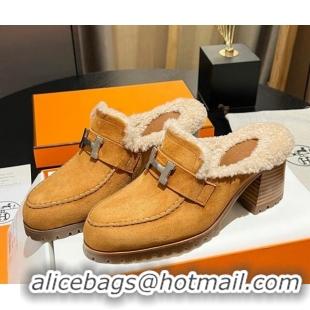 Buy Luxury Hermes Flore Heel Mules 7.5cm in Suede and Shearling Yellow 1215050