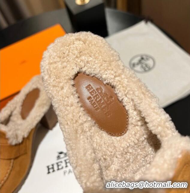 Buy Luxury Hermes Flore Heel Mules 7.5cm in Suede and Shearling Yellow 1215050