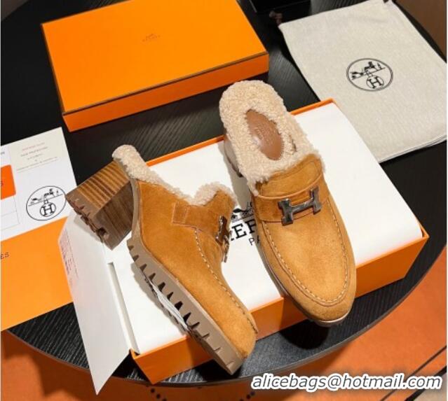 Buy Luxury Hermes Flore Heel Mules 7.5cm in Suede and Shearling Yellow 1215050