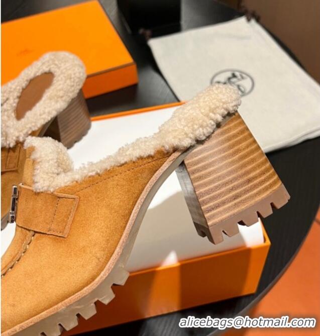 Buy Luxury Hermes Flore Heel Mules 7.5cm in Suede and Shearling Yellow 1215050