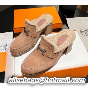 1:1 aaaaa Hermes Flore Heel Mules 7.5cm in Suede and Shearling Light Pink 215051