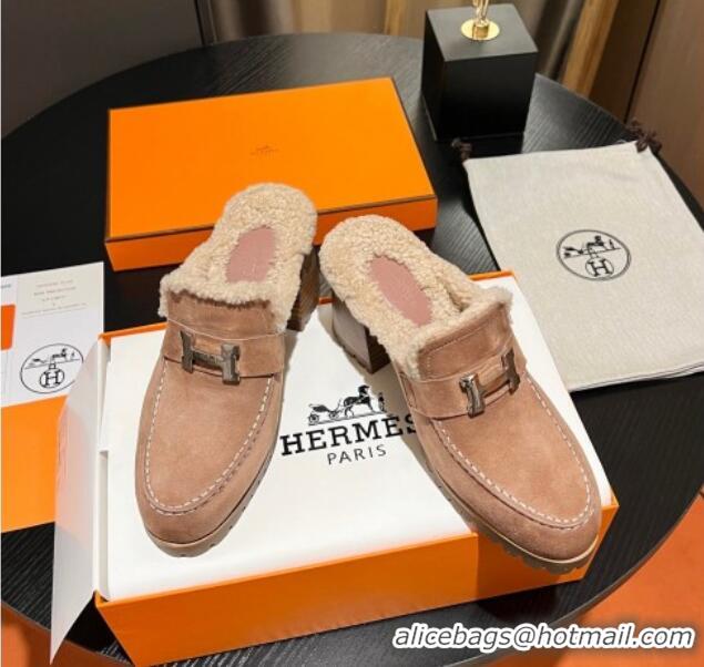 1:1 aaaaa Hermes Flore Heel Mules 7.5cm in Suede and Shearling Light Pink 215051