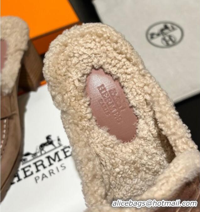 1:1 aaaaa Hermes Flore Heel Mules 7.5cm in Suede and Shearling Light Pink 215051