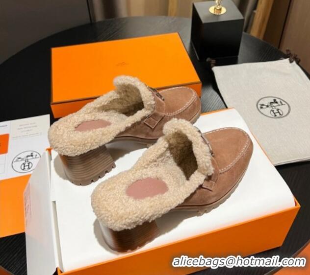 1:1 aaaaa Hermes Flore Heel Mules 7.5cm in Suede and Shearling Light Pink 215051