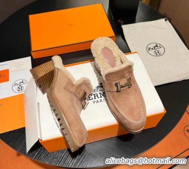 1:1 aaaaa Hermes Flore Heel Mules 7.5cm in Suede and Shearling Light Pink 215051