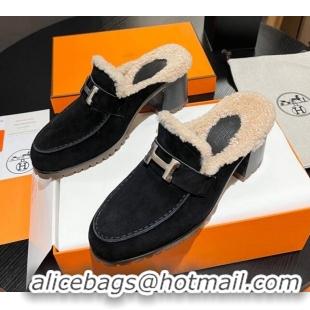 Luxury Cheap Hermes Flore Heel Mules 7.5cm in Suede and Shearling Black 1215052