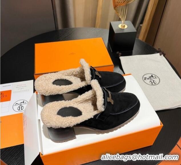 Luxury Cheap Hermes Flore Heel Mules 7.5cm in Suede and Shearling Black 1215052