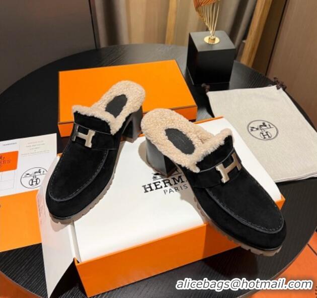 Luxury Cheap Hermes Flore Heel Mules 7.5cm in Suede and Shearling Black 1215052