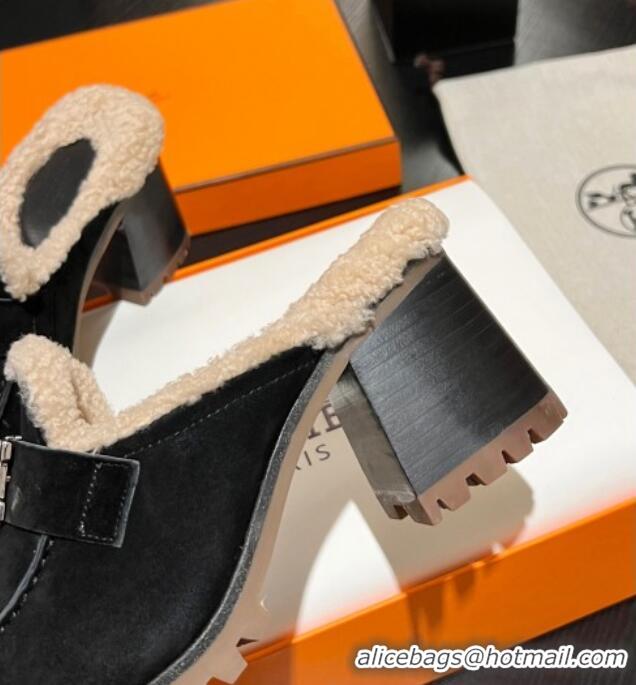 Luxury Cheap Hermes Flore Heel Mules 7.5cm in Suede and Shearling Black 1215052