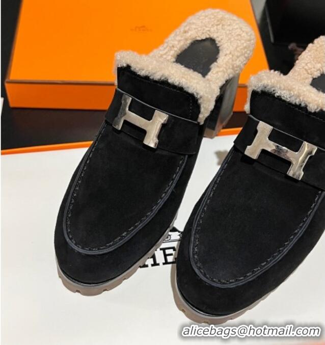 Luxury Cheap Hermes Flore Heel Mules 7.5cm in Suede and Shearling Black 1215052