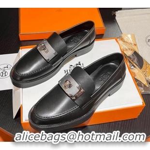 Luxury Hermes Hot Loafers in Calfskin with Oversized Kelly Buckle Black 215053