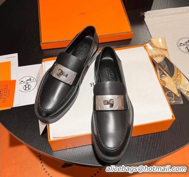 Luxury Hermes Hot Loafers in Calfskin with Oversized Kelly Buckle Black 215053