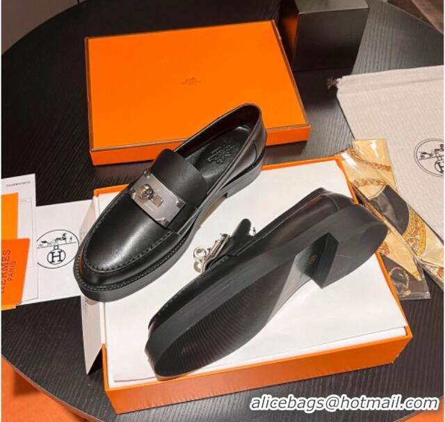 Luxury Hermes Hot Loafers in Calfskin with Oversized Kelly Buckle Black 215053