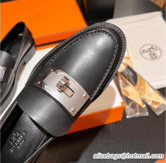 Luxury Hermes Hot Loafers in Calfskin with Oversized Kelly Buckle Black 215053