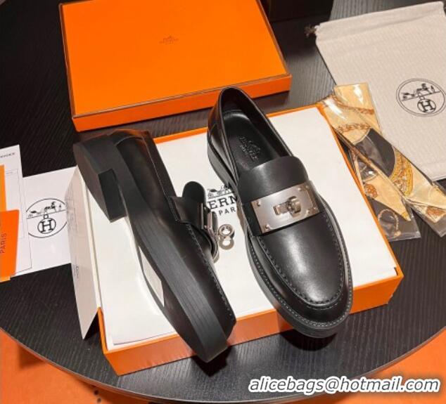 Luxury Hermes Hot Loafers in Calfskin with Oversized Kelly Buckle Black 215053