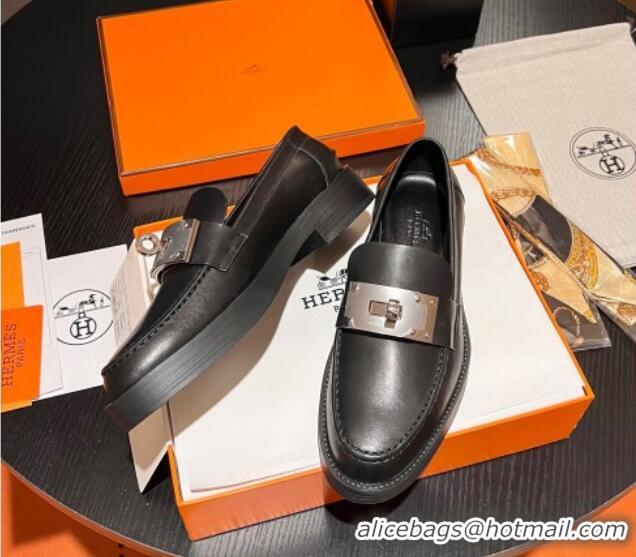 Luxury Hermes Hot Loafers in Calfskin with Oversized Kelly Buckle Black 215053