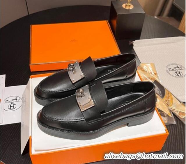 Luxury Hermes Hot Loafers in Calfskin with Oversized Kelly Buckle Black 215053