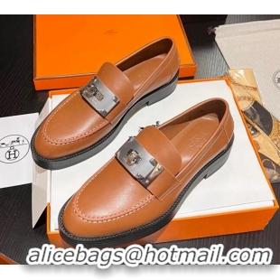 Sumptuous Hermes Hot Loafers in Calfskin with Oversized Kelly Buckle Brown 215054