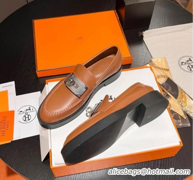 Sumptuous Hermes Hot Loafers in Calfskin with Oversized Kelly Buckle Brown 215054