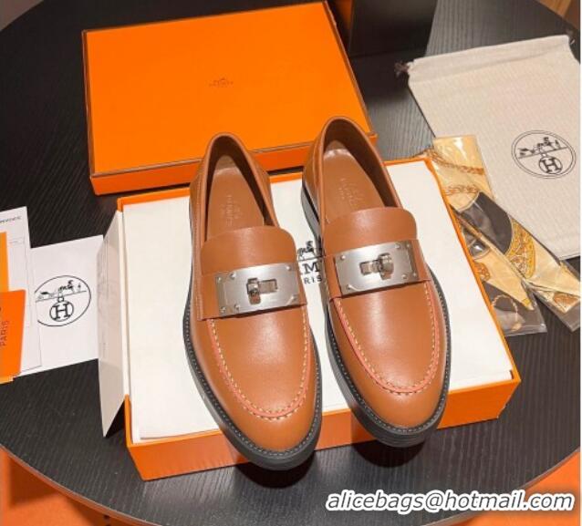 Sumptuous Hermes Hot Loafers in Calfskin with Oversized Kelly Buckle Brown 215054