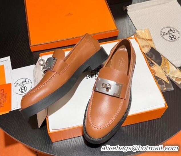 Sumptuous Hermes Hot Loafers in Calfskin with Oversized Kelly Buckle Brown 215054